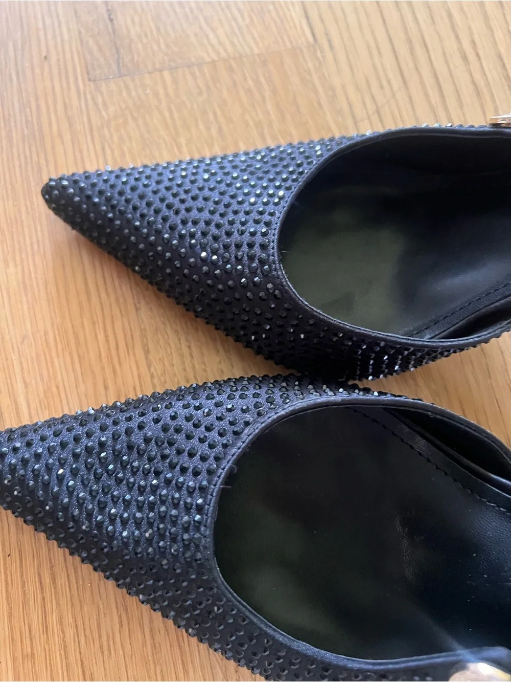 Fashion Nova Black Studded Pointed Slingback Heels with Gold Accents